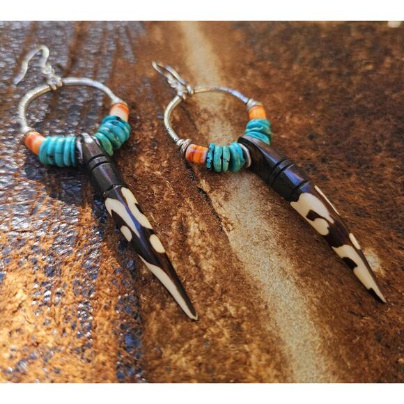 Turquoise Kenya Bone Spiny Oyster Sterling Artisan Teardrop Earrings - Picture 6 of 9
